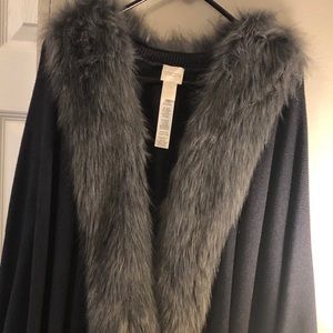 Gorgeous Steel Blue Poncho with Silver Faux Fur